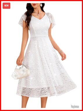 Sparkly Lace Sequin Formal Wedding Guest Midi Dress V Neck Cap Sleeve